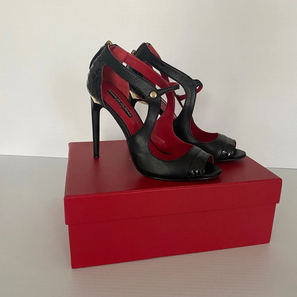 Charles‎ Jourdan Paris Beth Black Snakeskin Stiletto Peep Toe Heels Sandals 7.5